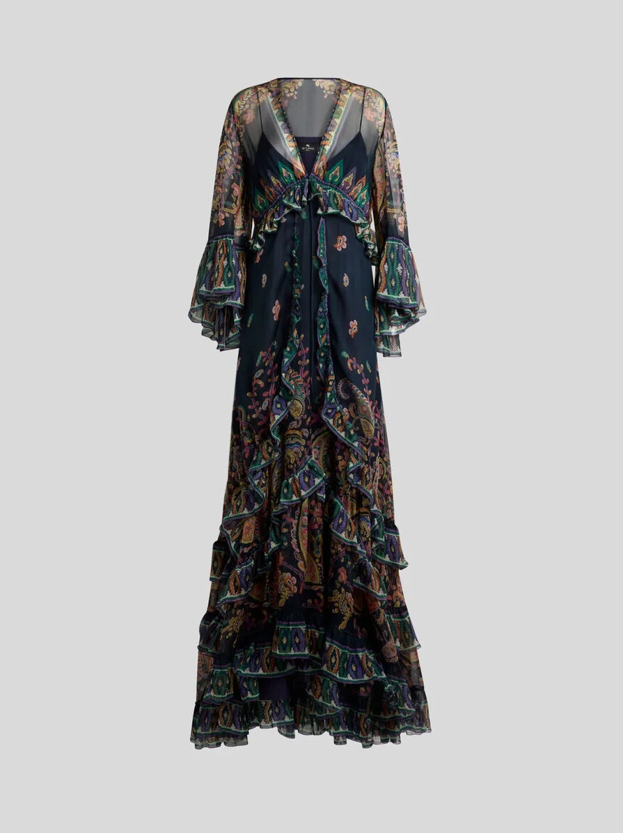 LONG SILK DRESS WITH PLACED FLORAL PAISLEY PRINT - 1