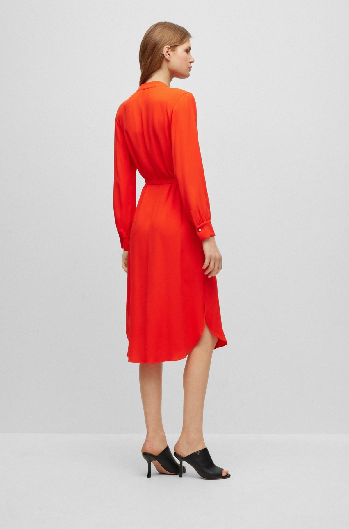 BELTED DRESS WITH COLLARLESS V NECKLINE AND BUTTON CUFFS - 4