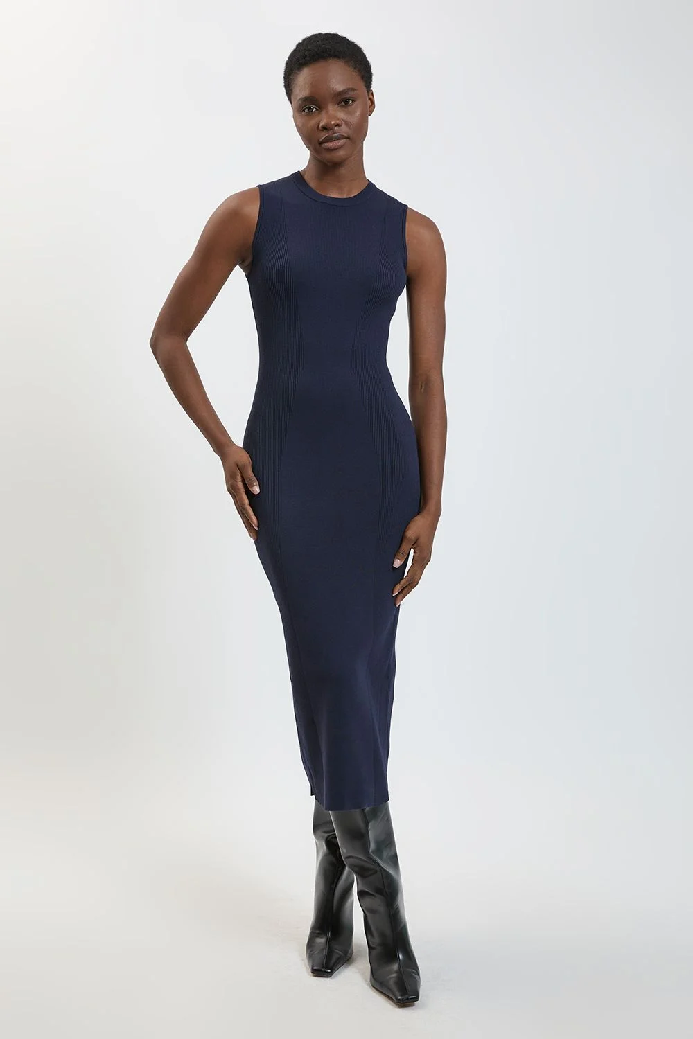 Rib Knitted Crew Neck Midi Dress - 1
