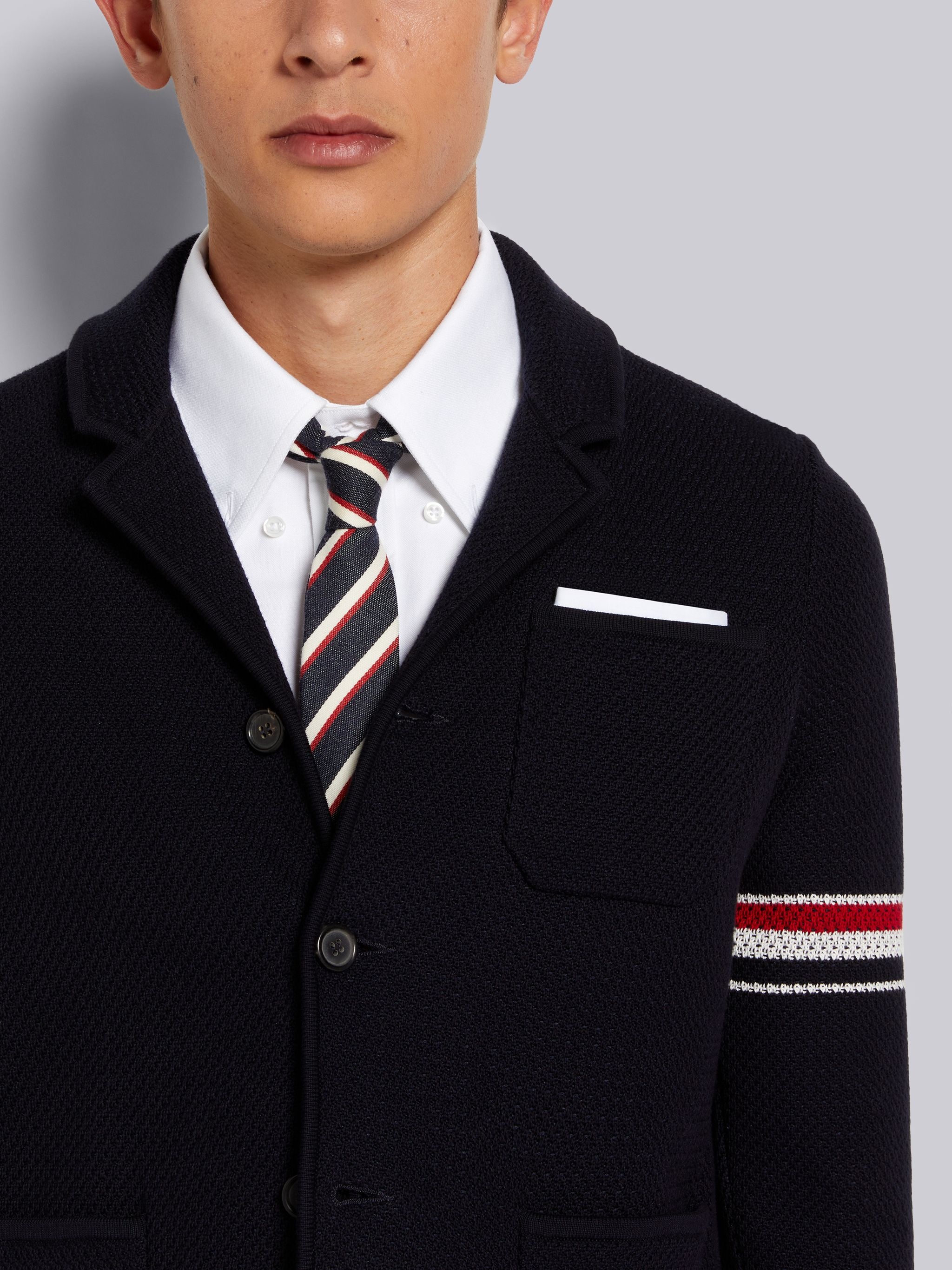 Navy Textured Jacquard Stripe Armband Jacket - 5