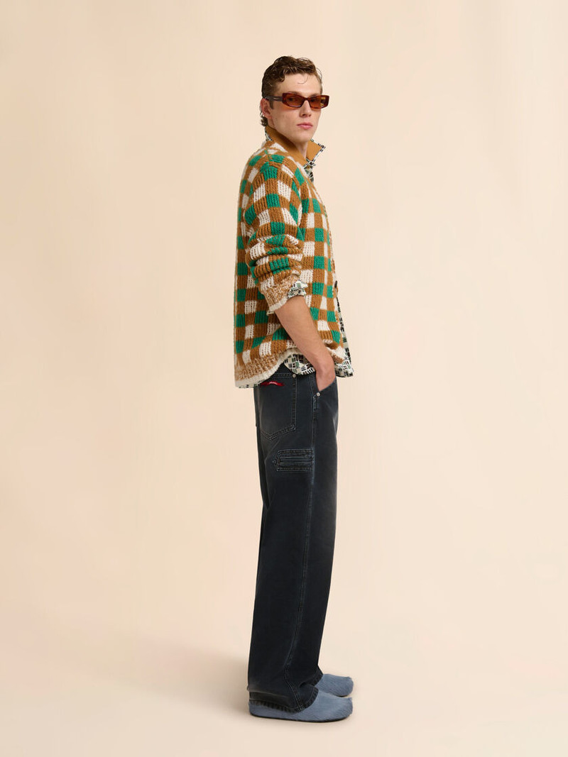 GREEN WOOL AND MOHAIR CARDIGAN WITH CHECKERBOARD MOTIF 5