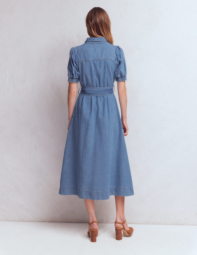 Puff Sleeve Denim Shirt Dress-Mid Vintage 4