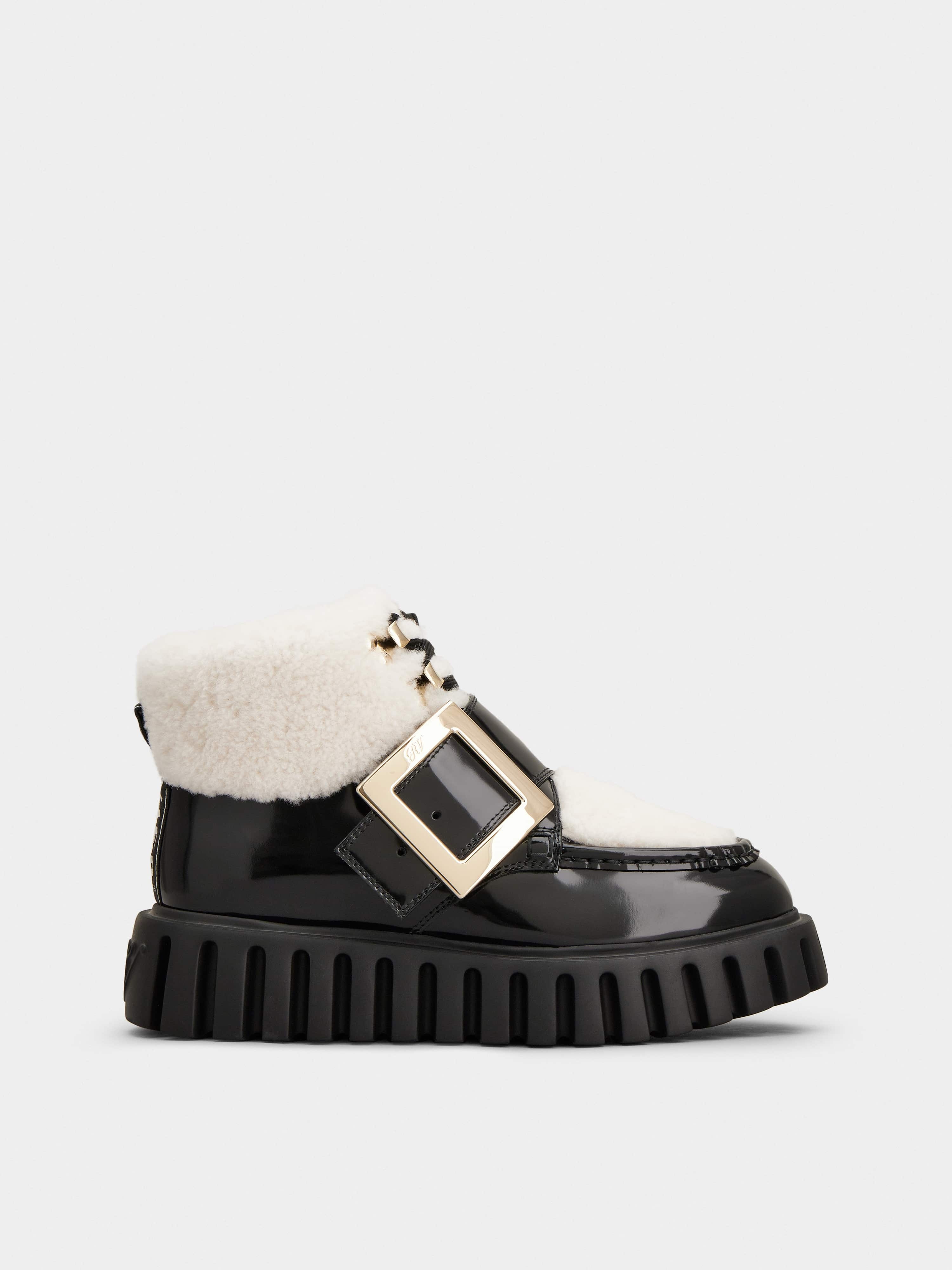 Viv' Go-Thick Metal Buckle Fur Ankle Boots in Patent Leather - 1