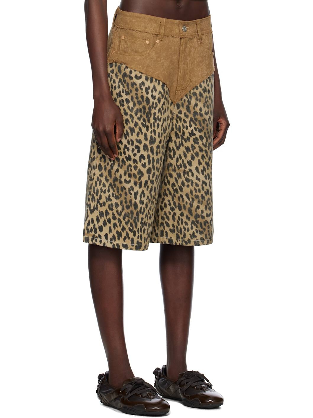 Beige & Brown Oxford Combo Leopard Shorts - 2