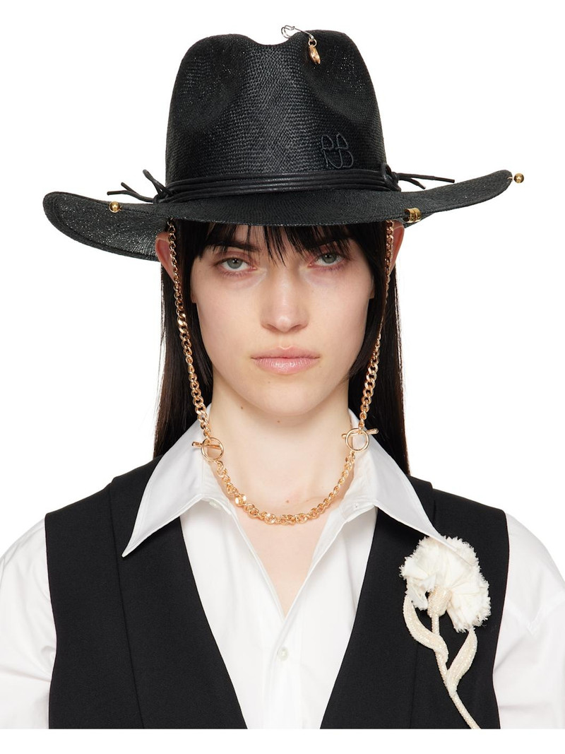 Black Chain Strap Straw Fedora - 1