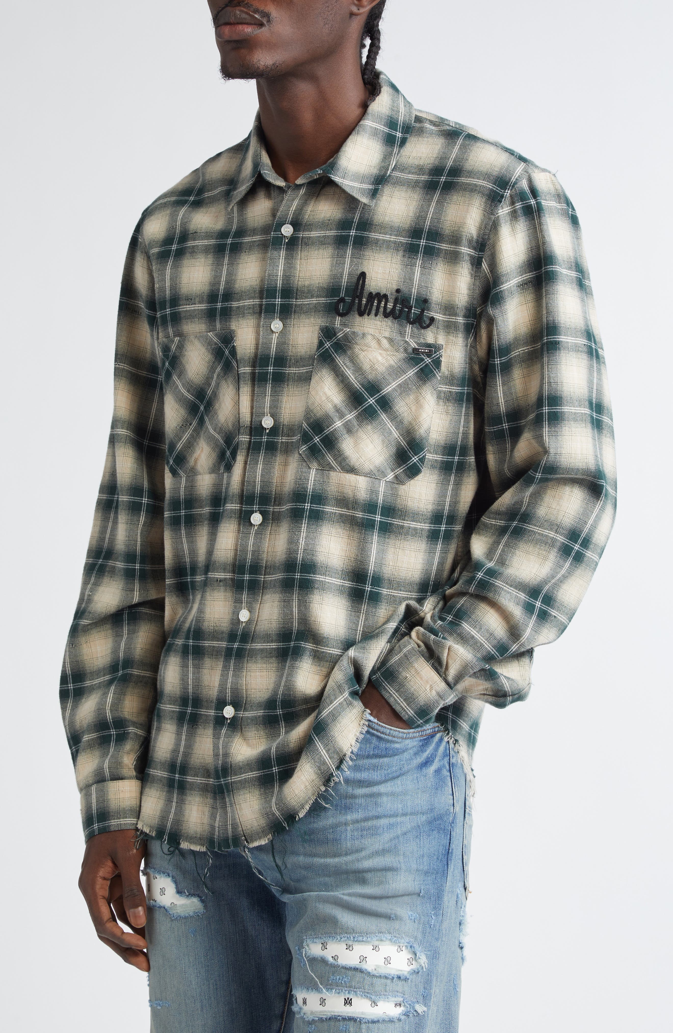 AMIRI Shotgun Distressed Plaid Flannel Button-Up Shirt in Evergreen at Nordstrom - 4