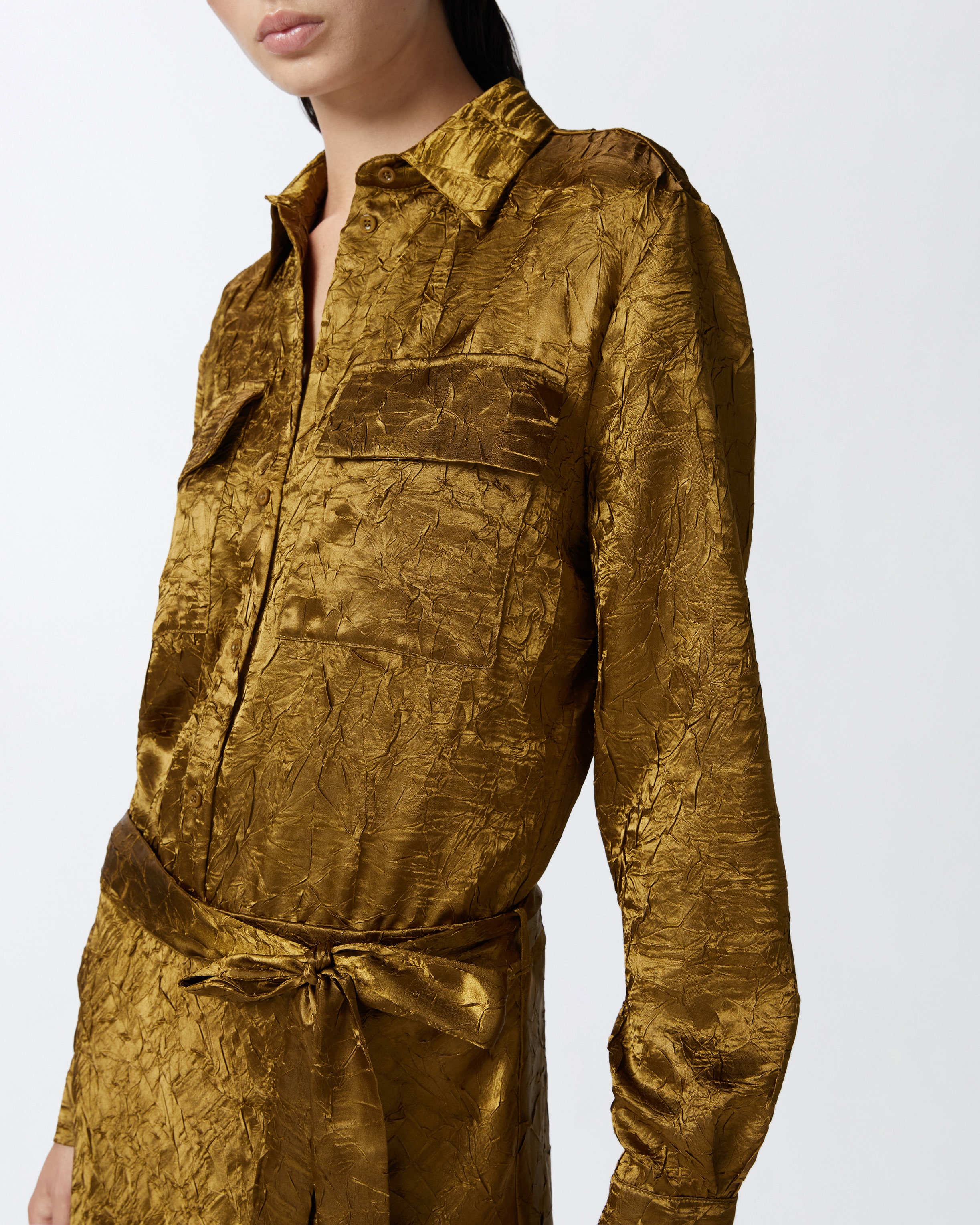 LONG CRINKLED SATIN SHIRT DRESS - 5