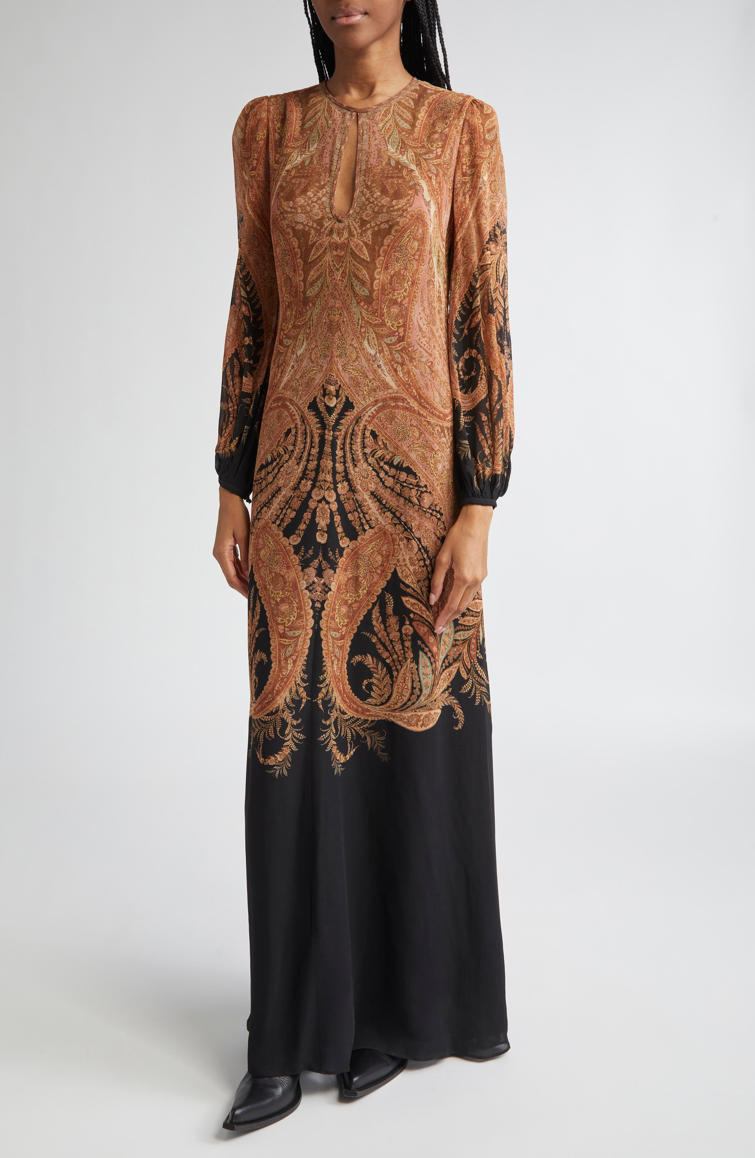 Zimmermann Hypnotic Paisley Long Sleeve Dress with Removable Cape in Light Brown/Black Paisley at No - 3