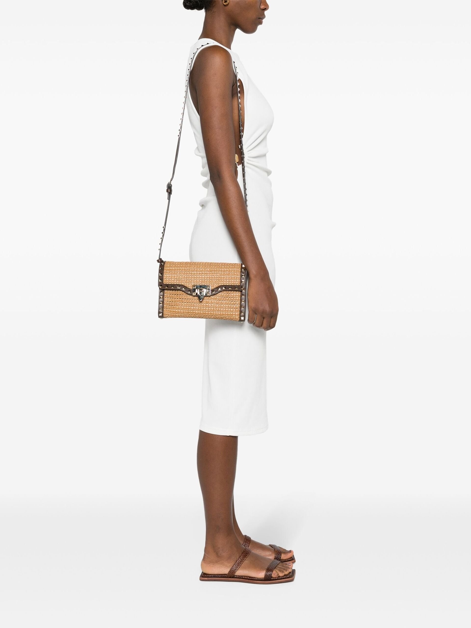 Brown Rockstud Straw Cross Body Bag - 2