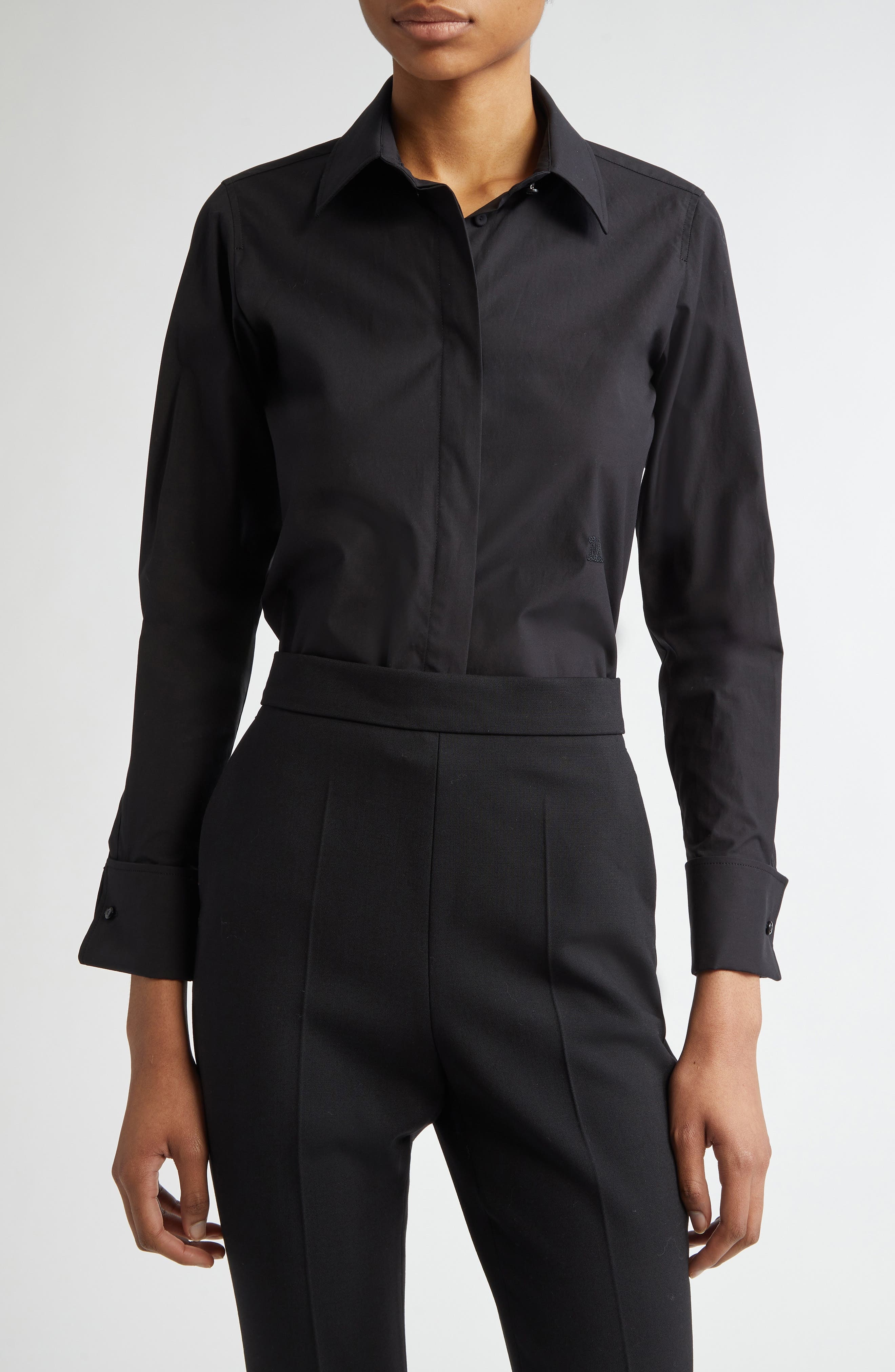 Max Mara Knut Stretch Cotton Button-Up Shirt in Black at Nordstrom - 1