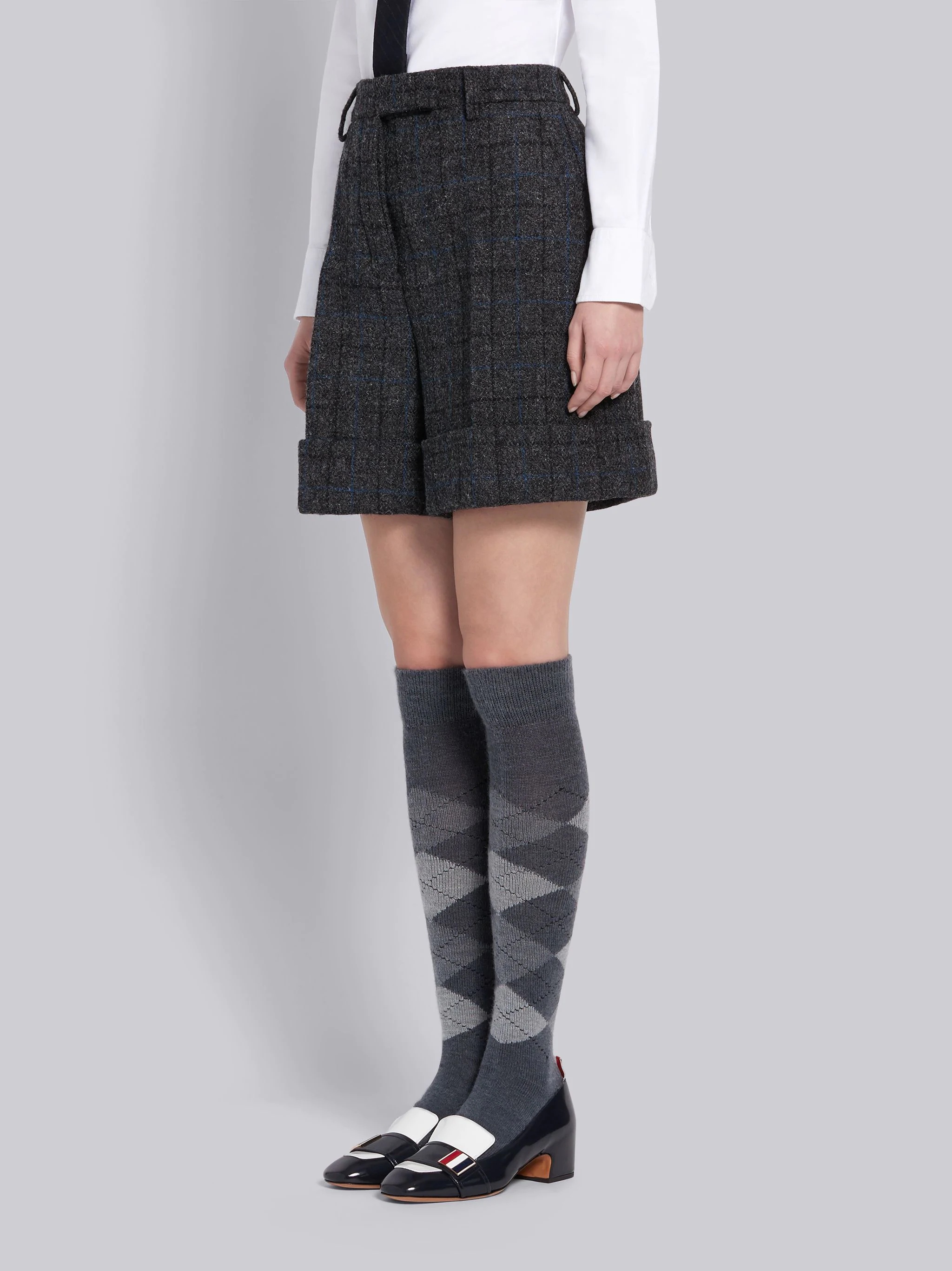 Dark Grey Wool Tattersall Check High Waisted Short - 2