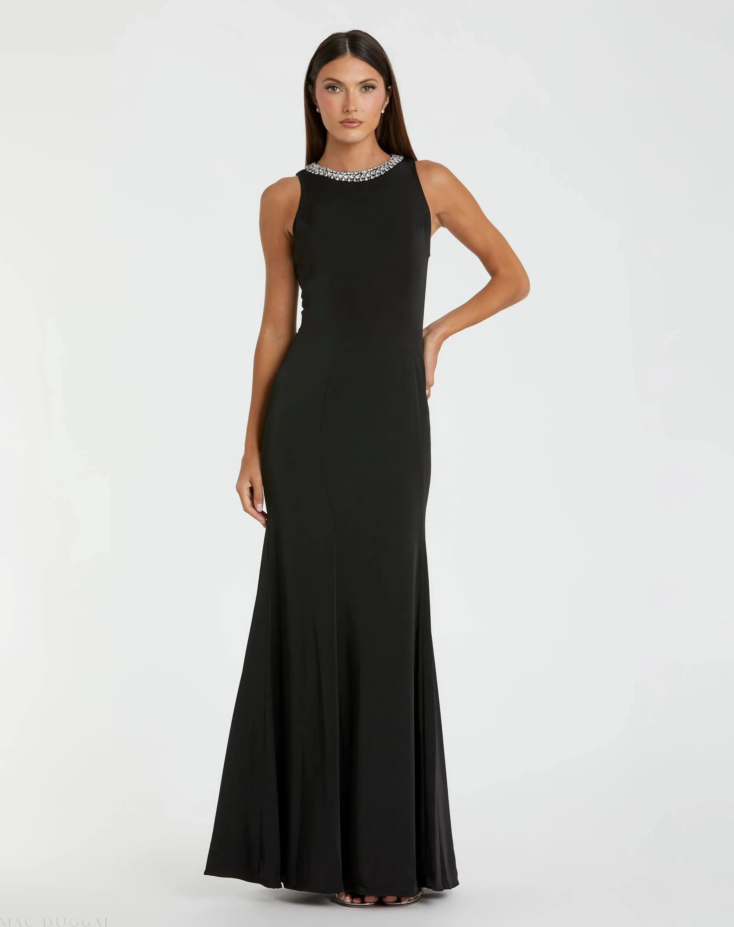 Black Rhinestone Embellished High Neck Satin Gown - 1