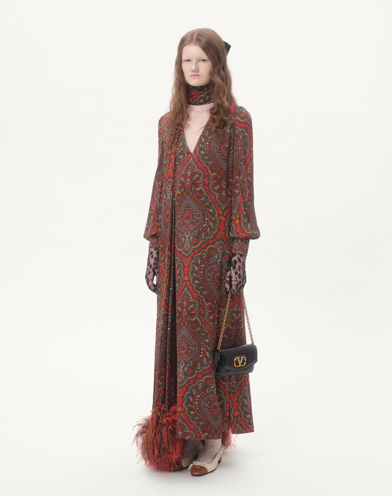 Valentino GEORGETTE MIDI DRESS WITH VOYAGE IMAGINAIRE CASHMERE PRINT WITH FEATHERS outlook