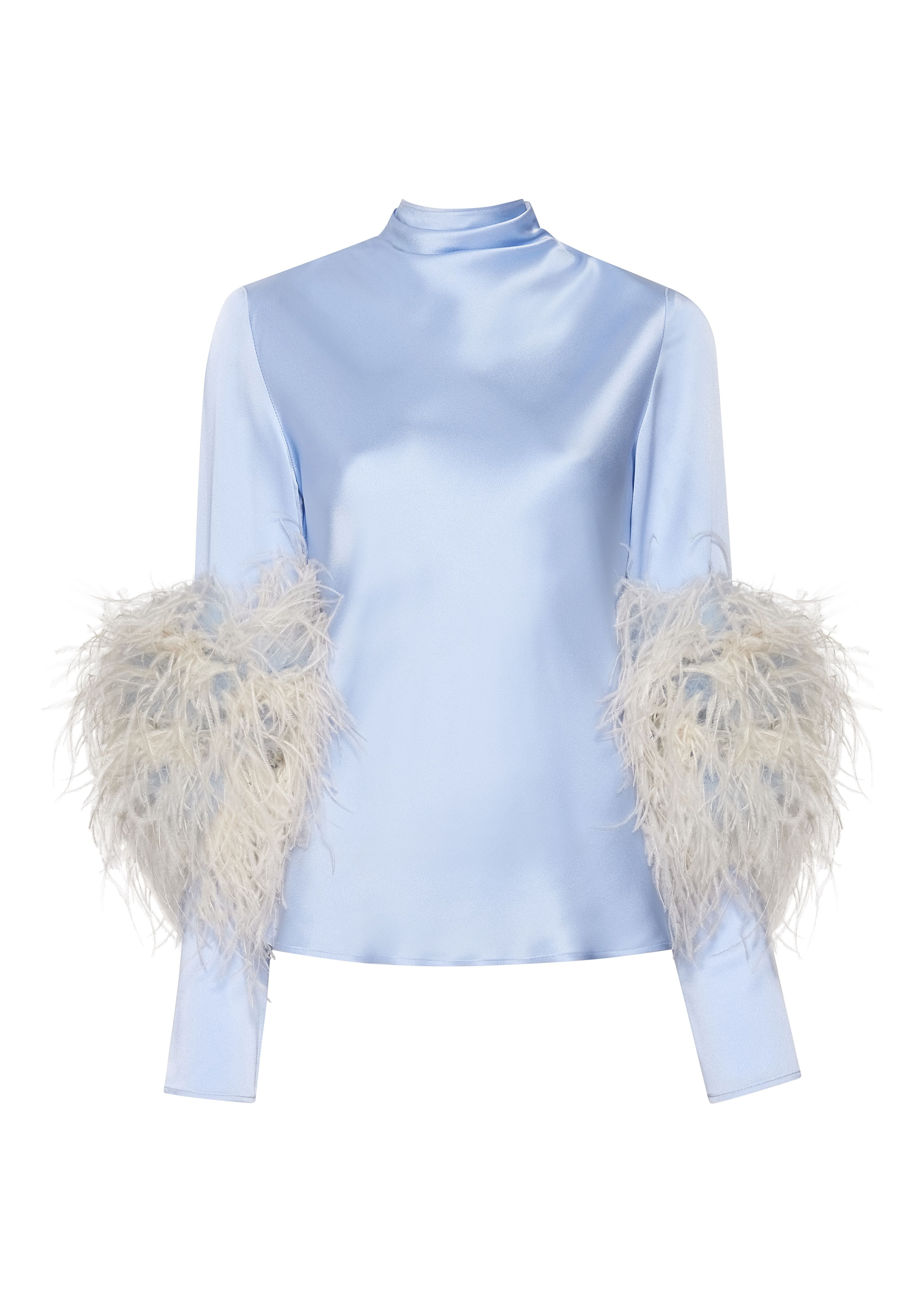 Satin Bias Mock Neck Top With Feathers - 1