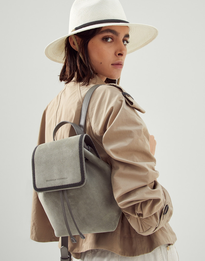 Brunello Cucinelli Suede backpack with precious contour outlook