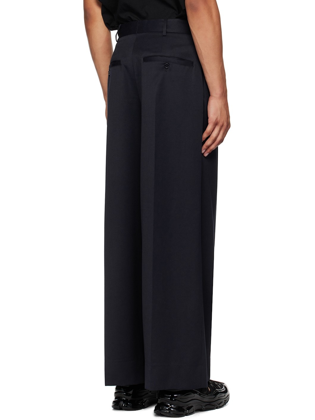 Navy Pleated Wide Leg Trousers - 3
