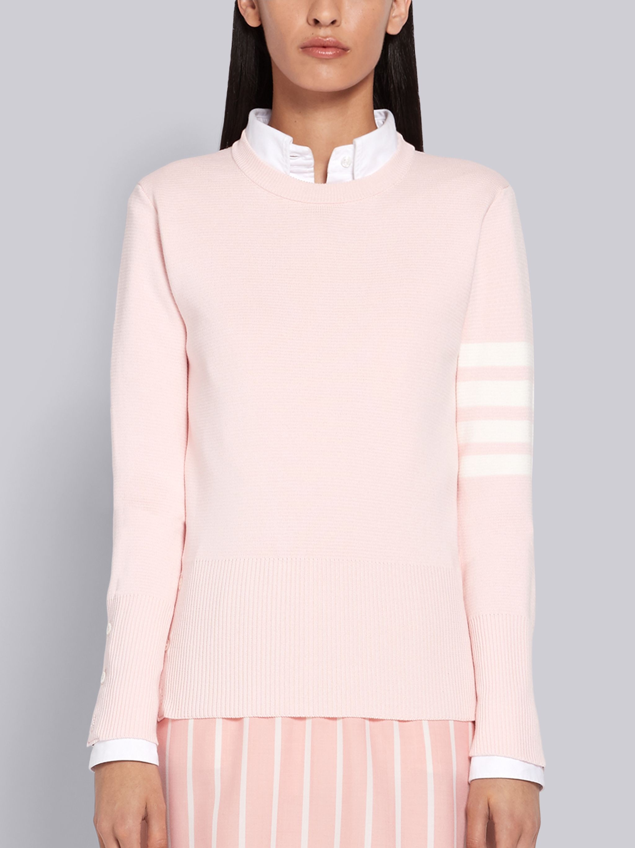 Pink Cotton Crepe Milano Stitch Crewneck 4-Bar Pullover - 1