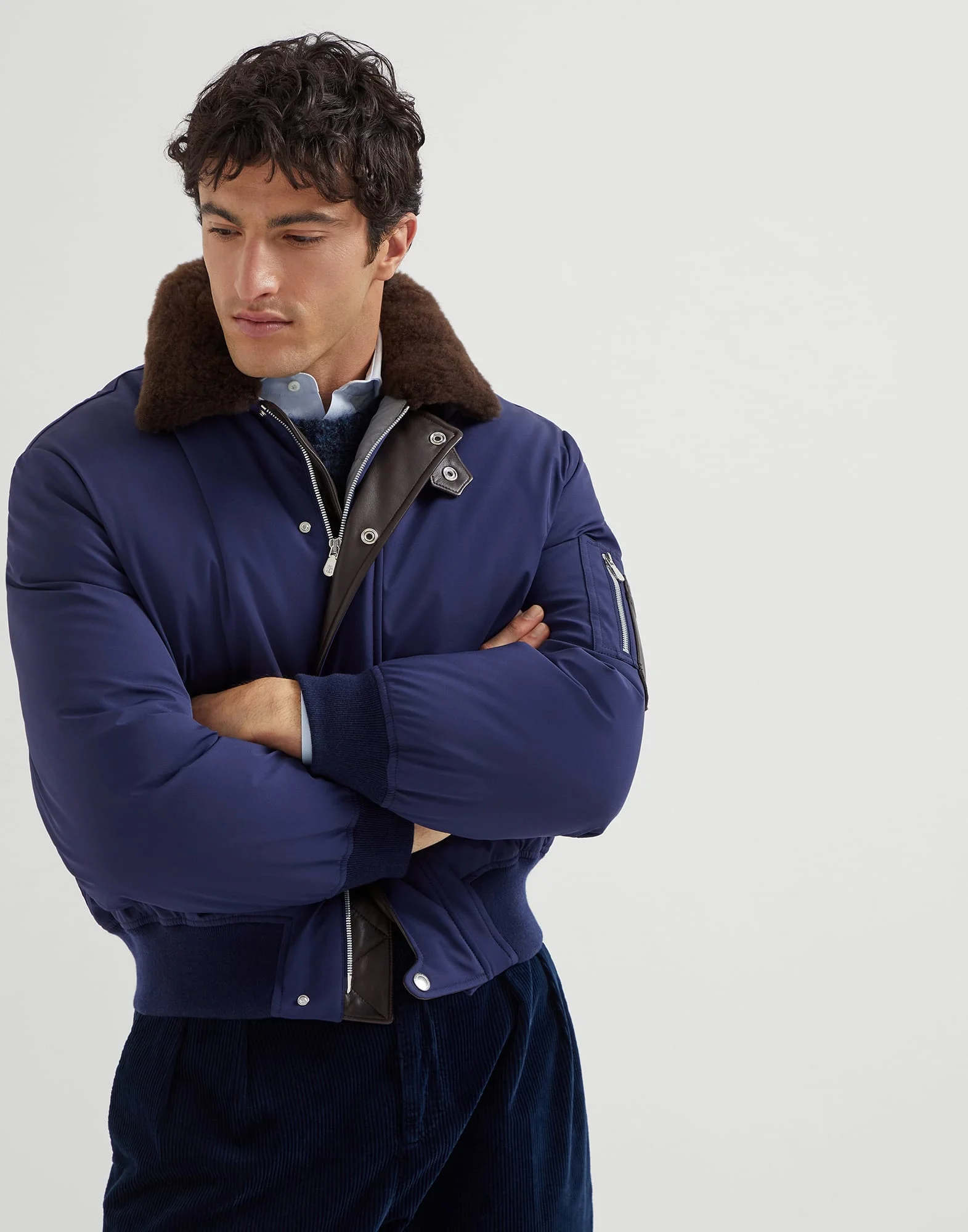 Stretch bonded nylon down jacket with shearling-lined collar - 1