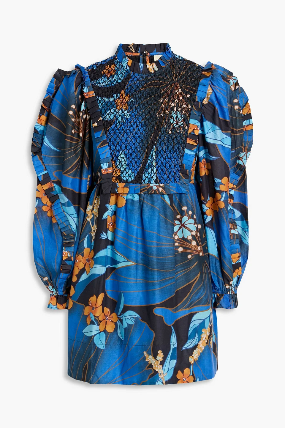 Smocked floral-print cotton mini dress - 1