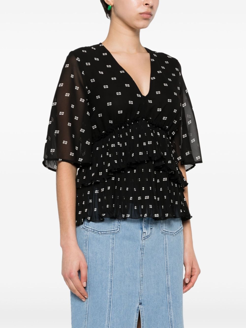 graphic-print V-neck pleated blouse - 3