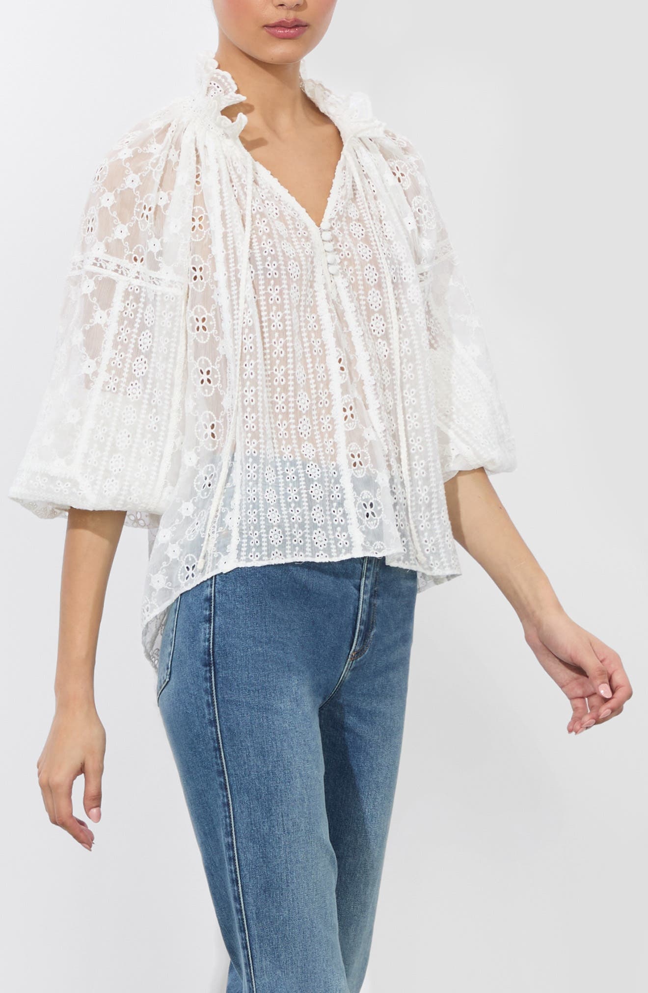 Alice + Olivia Norah Eyelet Embroidered Peasant Top in Off White at Nordstrom - 2