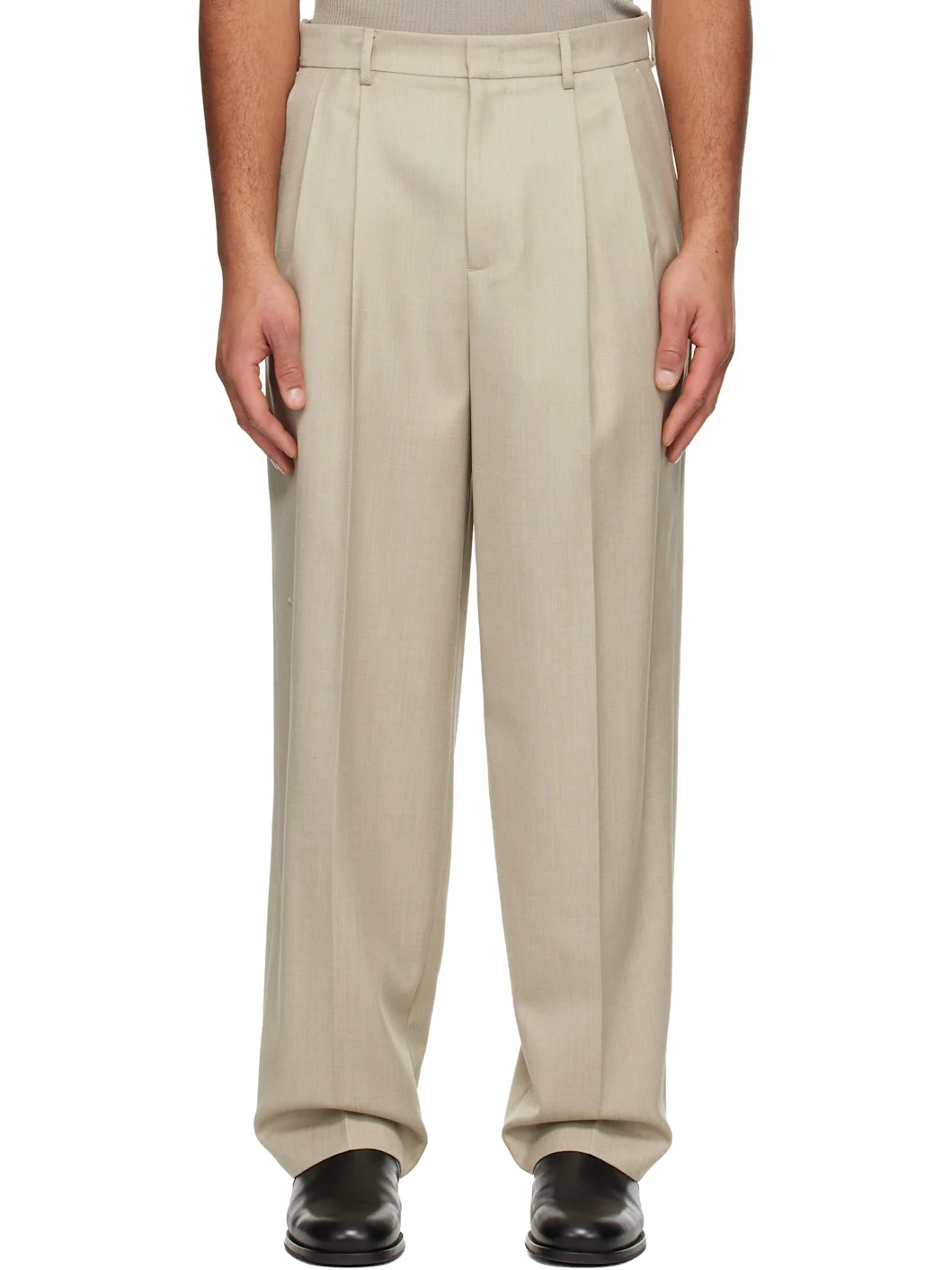 Beige Two Tuck Wool Trousers - 1