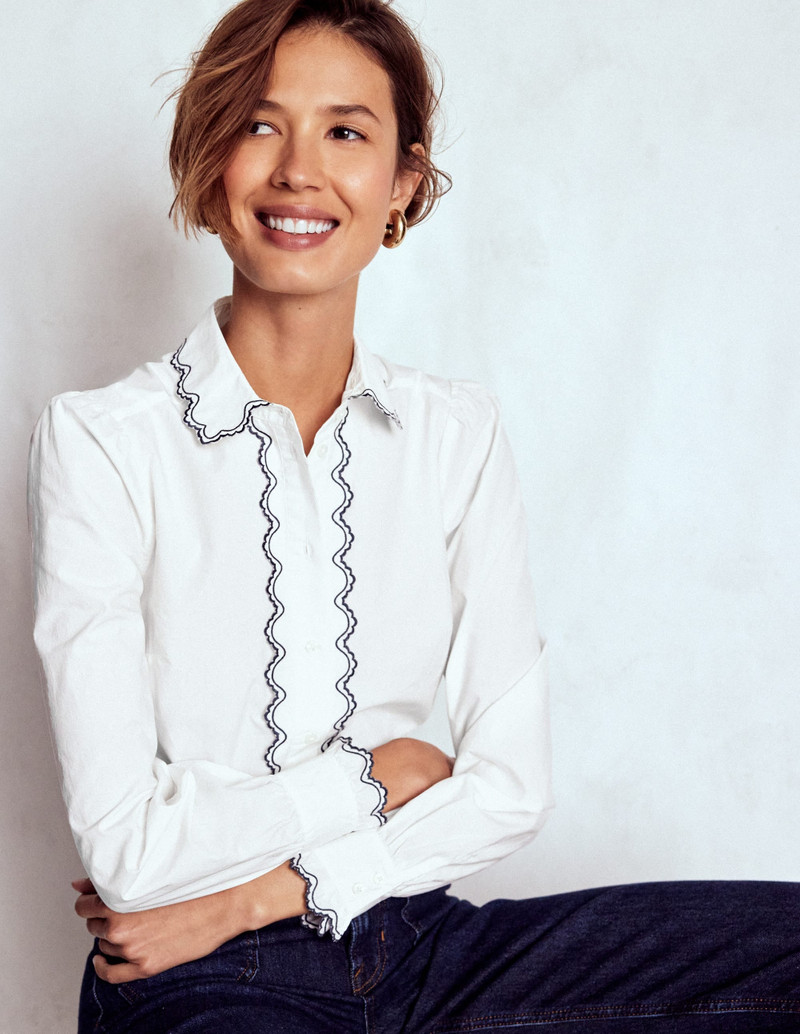 Embroidered Cotton Shirt-White, Navy Embroidery 3