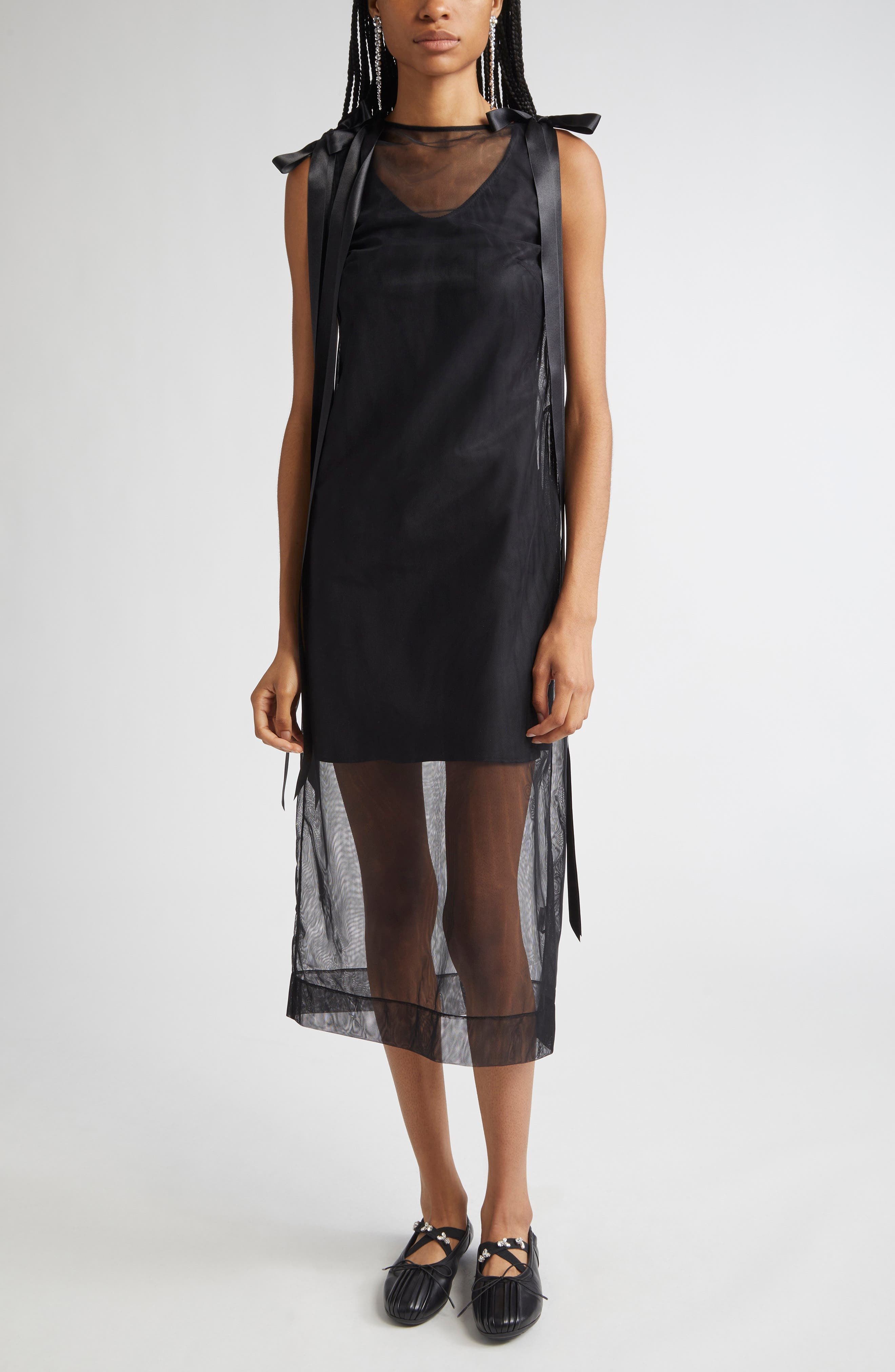 Simone Rocha Bow Detail Sheer Tulle Midi Dress in Black at Nordstrom - 6