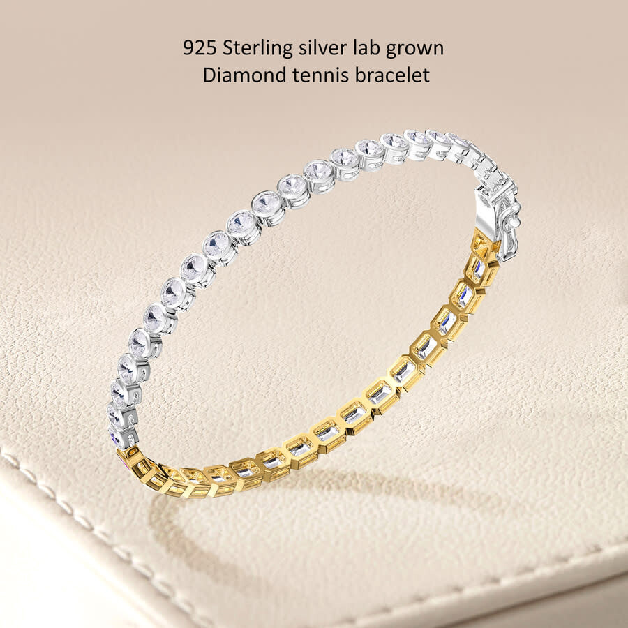 Diamond2Deal - Diamond2Deal 925 Sterling Silver Two-tone 6.4 ct Round & Emerald cut Lab Grwon Diamond Tennis Bracel - 2