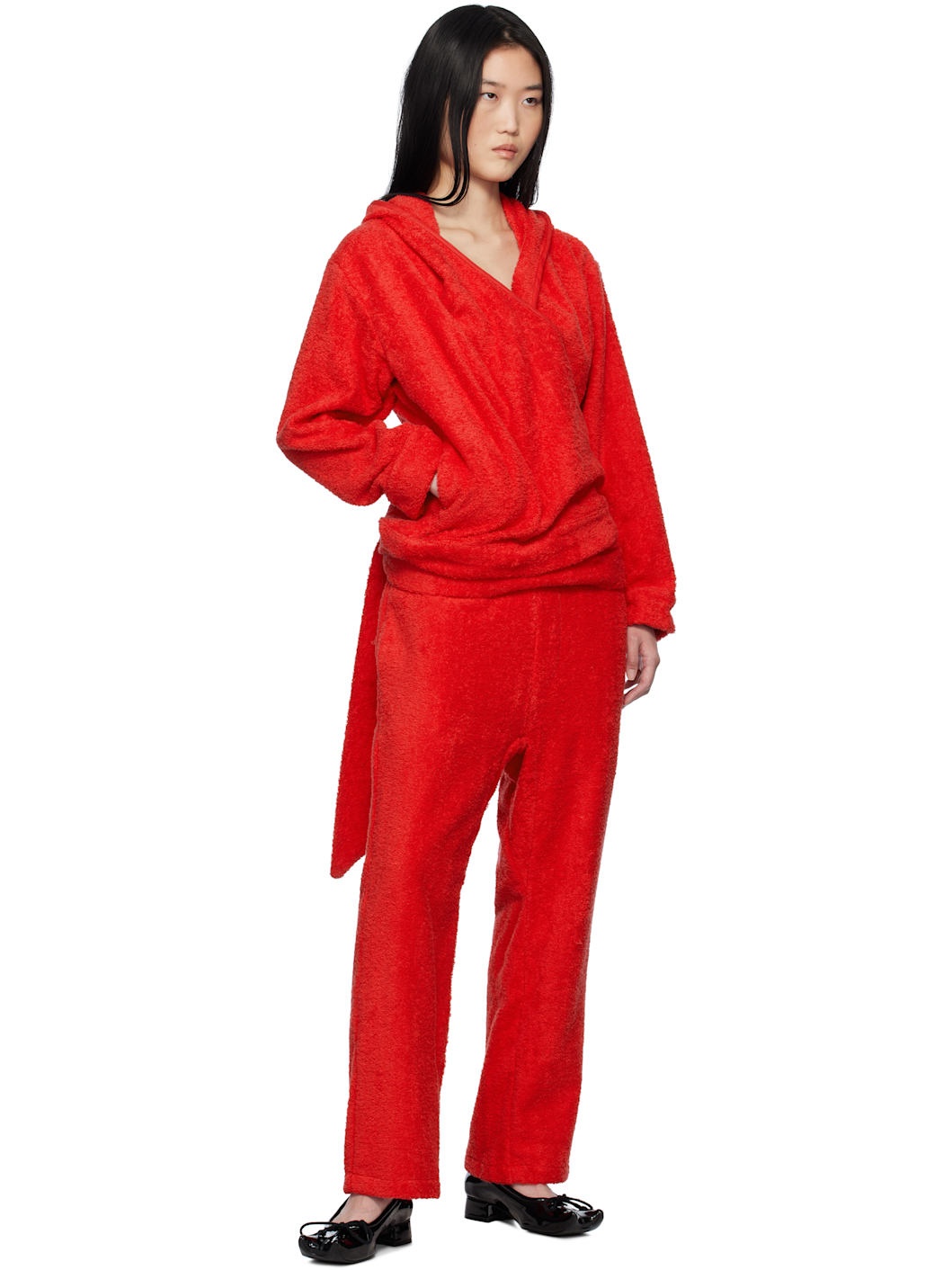 Red BathrobeV-hood Terrycloth Hoodie - 4