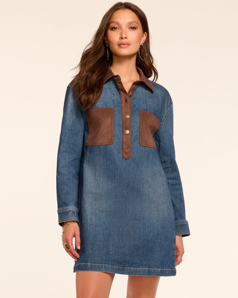 Winnifred Faux Suede Trim Denim Mini Dress 1