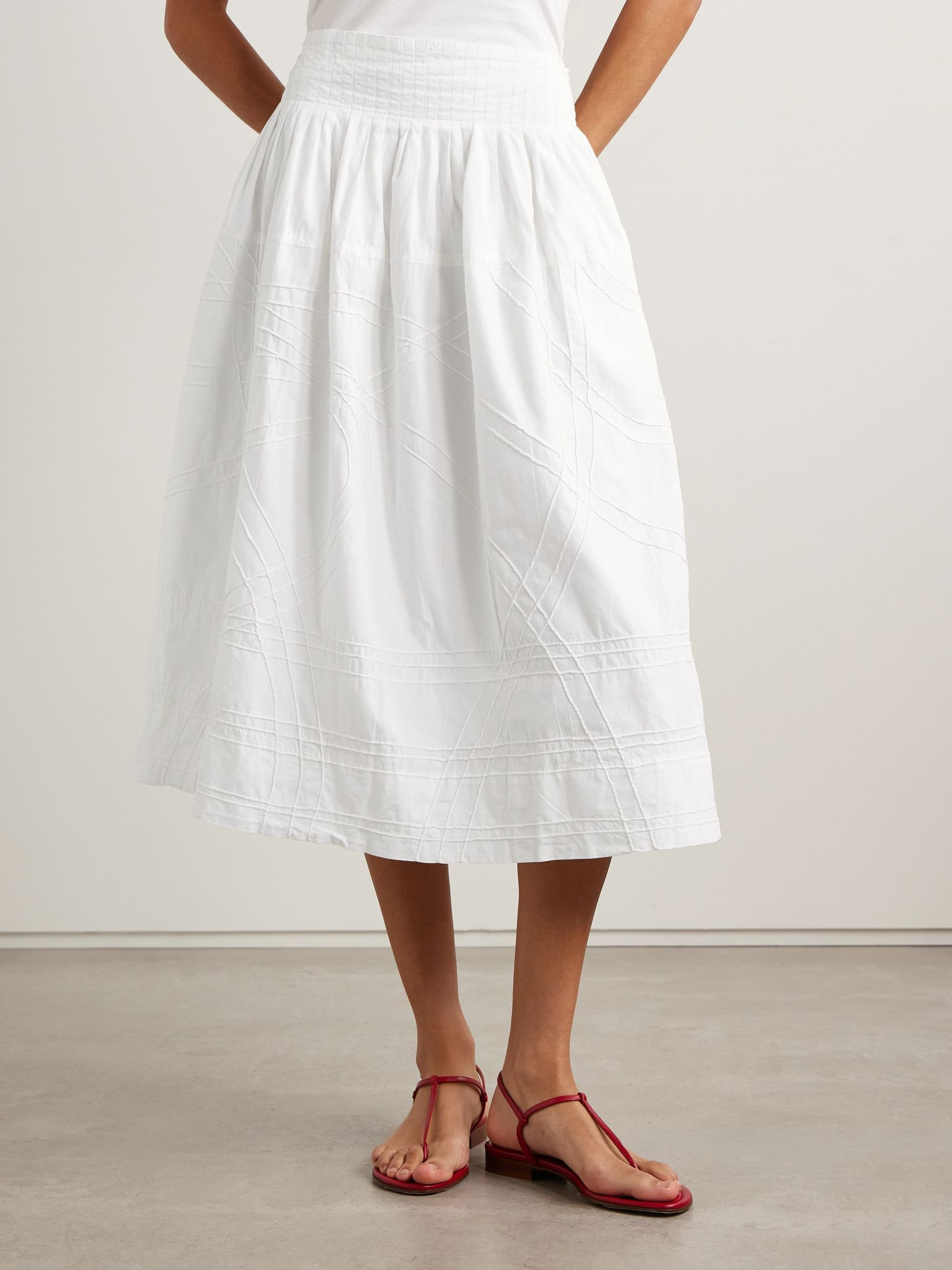 Camden pleated cotton-poplin midi skirt White - 3