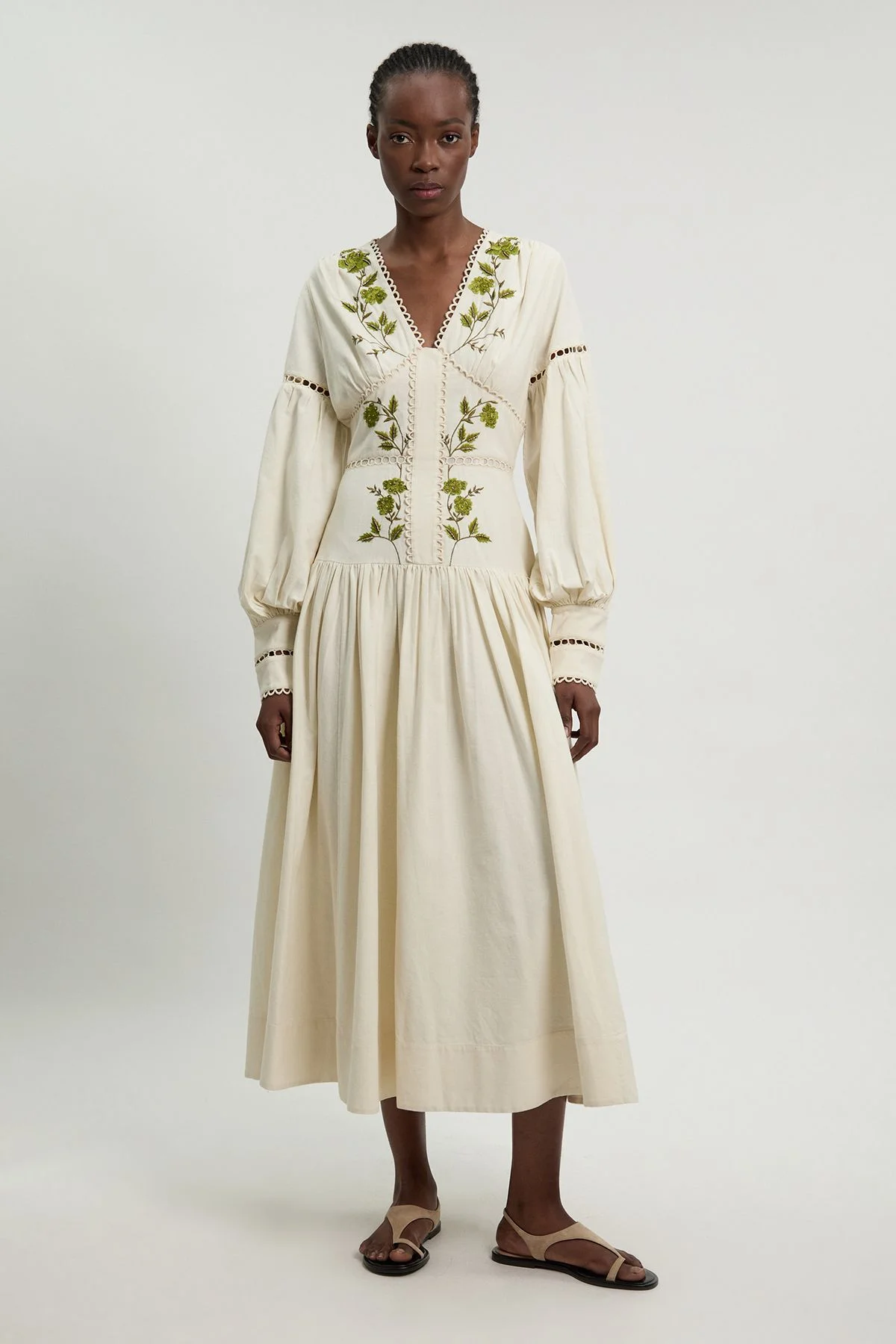 Rose Embroidered Cotton Twill Woven Long Sleeve Maxi Dress - 1