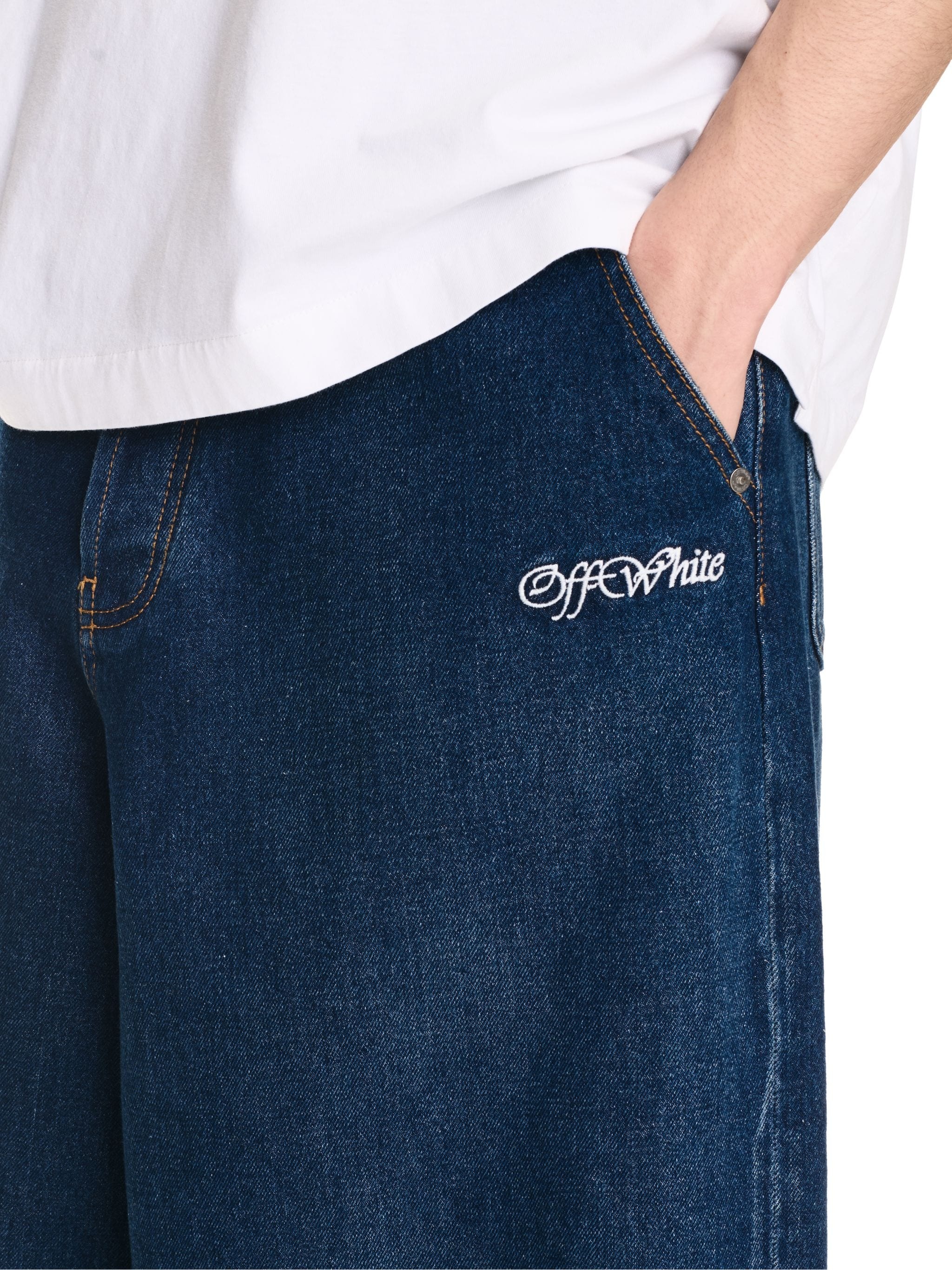 Medium Blue Script Wide Denim Pants - 5