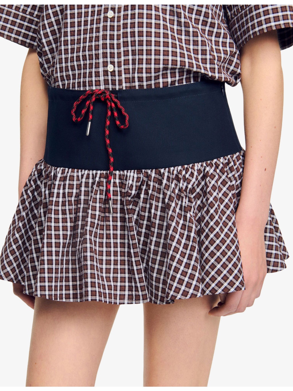 Checked Drawstring-Waist Stretch-Cotton Skort - 5