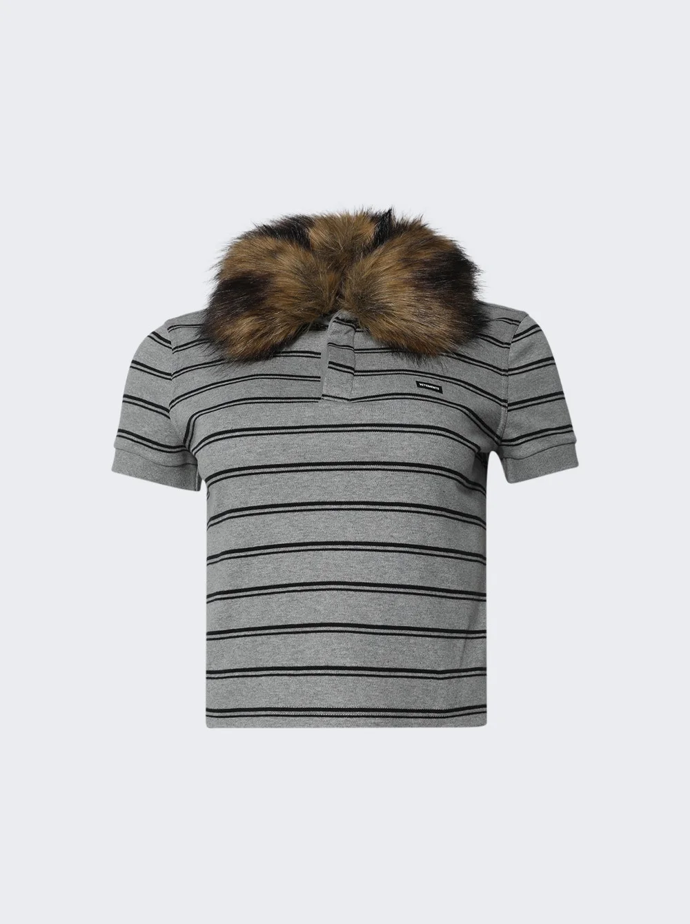 Baby Polo With Detachable Fur Collar Grey Melange And Black Stripes - 1