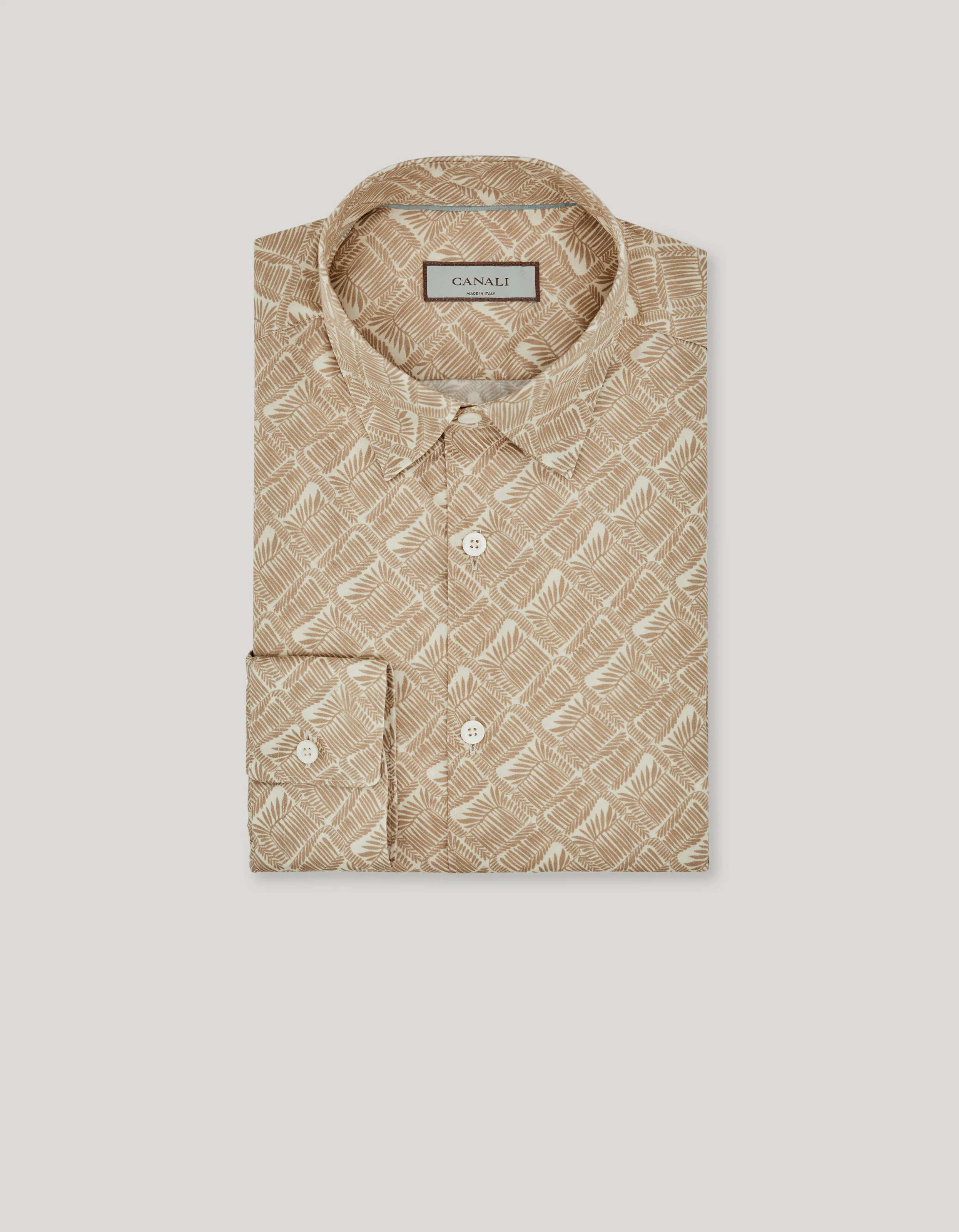 CASUAL REGULAR FIT SHIRT IN PRINTED BEIGE AND WHITE COTTON WITH BOTANICAL PATTERN - 1
