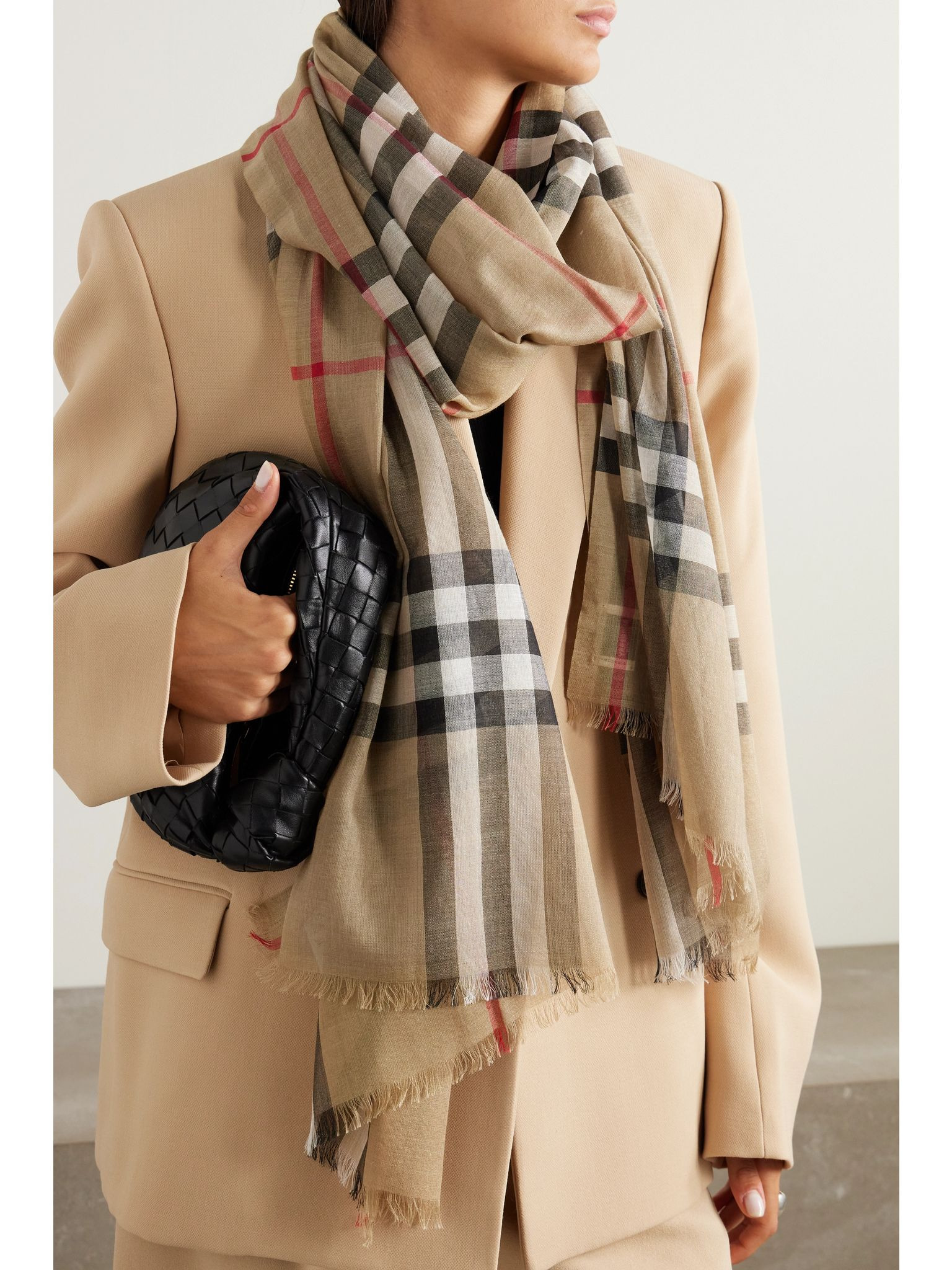 Fringed checked wool and silk-blend scarf Beige - 2