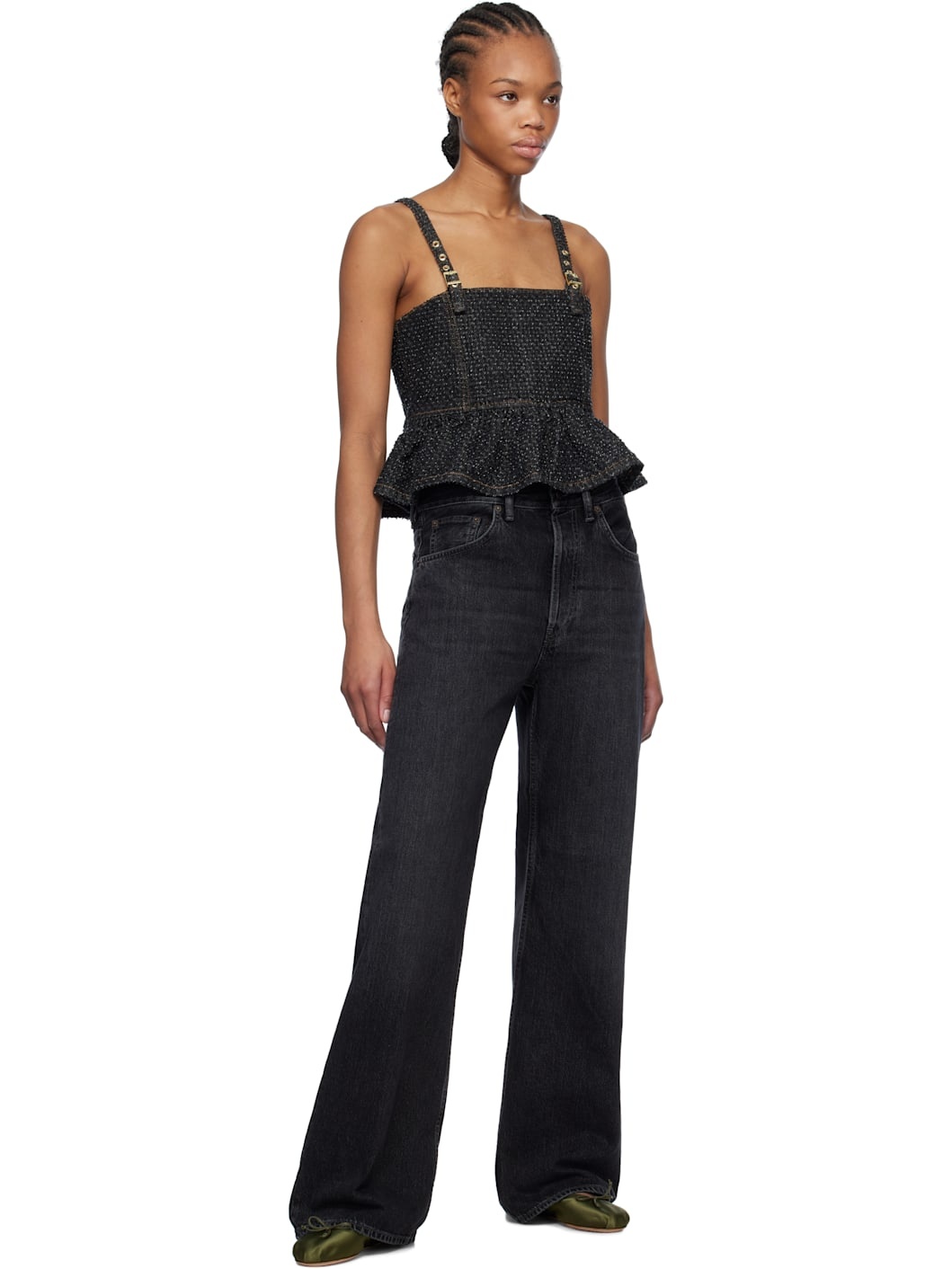 Black Fluffy Denim Strap Top - 4
