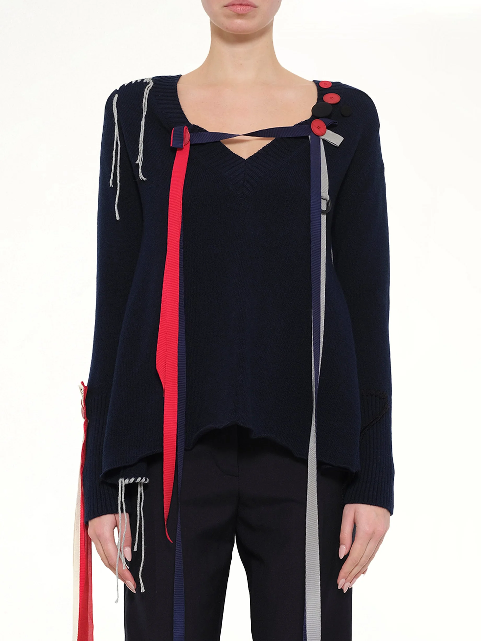V Neck Ribbons Sweater in Navy - 1
