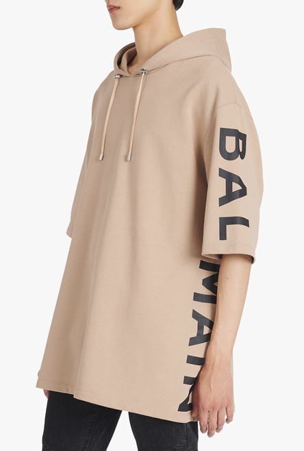 Oversized sand-colored eco-designed cotton hooded sweatshirt with black Balmain logo print - 8