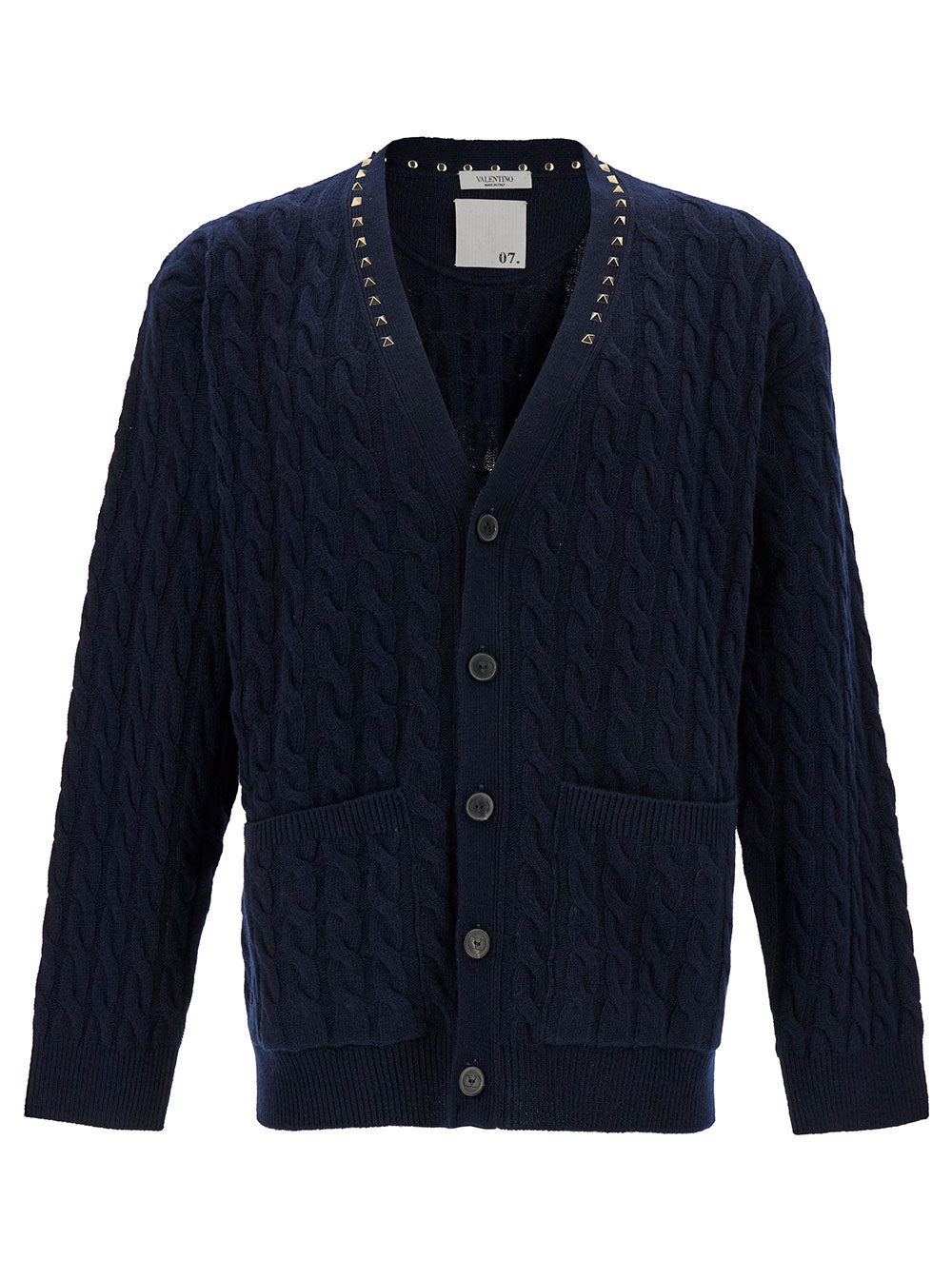 Valentino Men Blue Cable-Knit Cardigan With Studs In Wool Man - 1