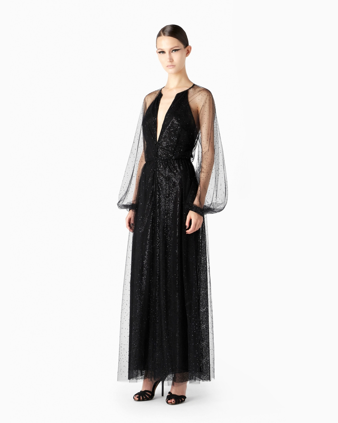 Silk and tulle long dress with all-over rhinestones - 4
