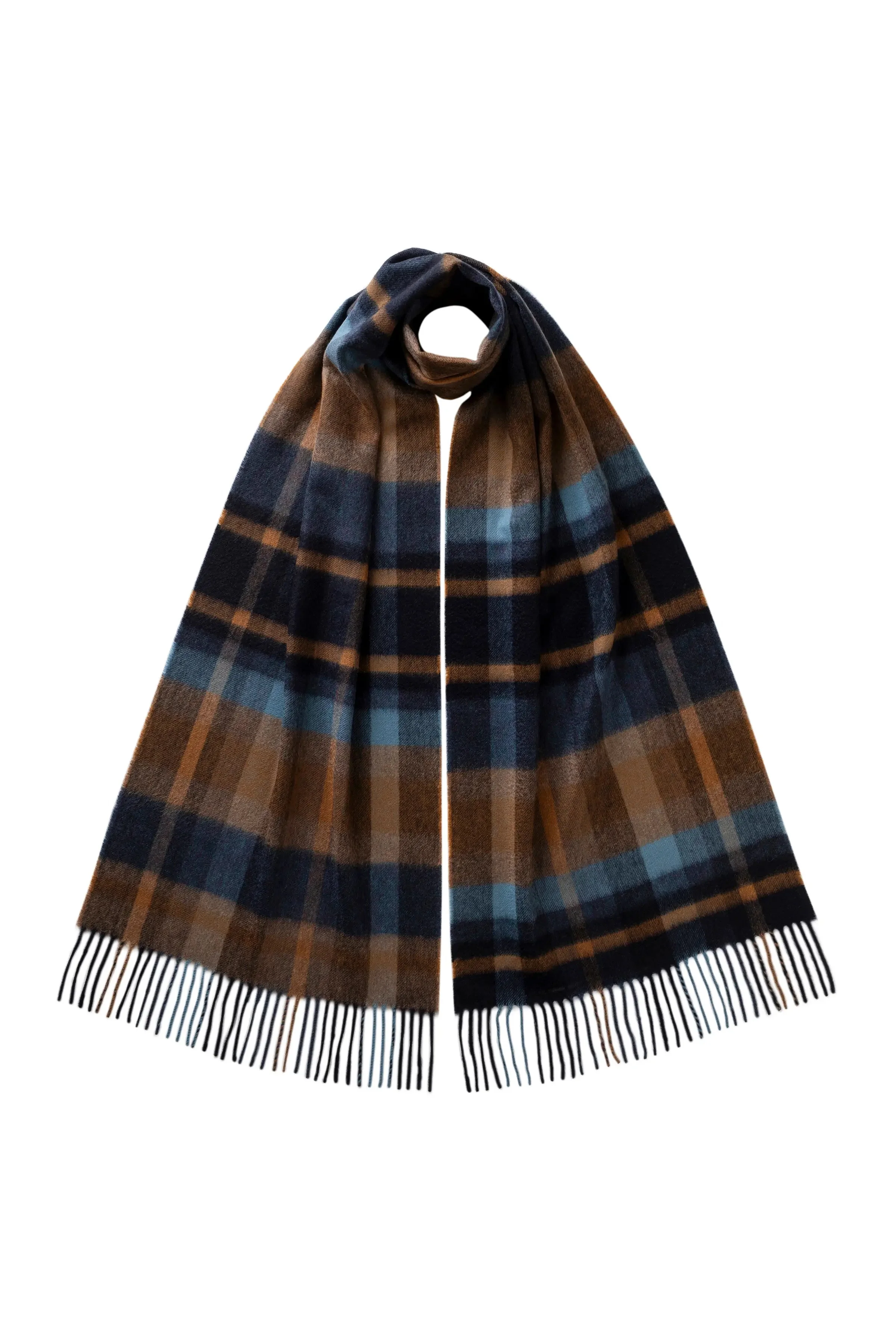 Deco Block Check Navy Cashmere Scarf - 1