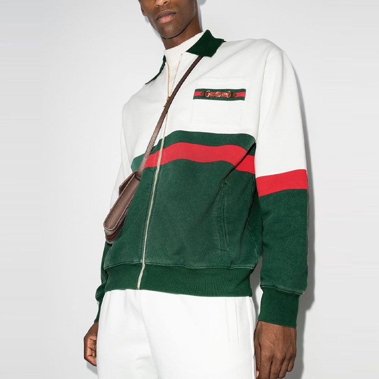 Gucci Web Detail Panelled Zip-Up Cardigan 'White Green' 625402-XJC0D-9146 - 4