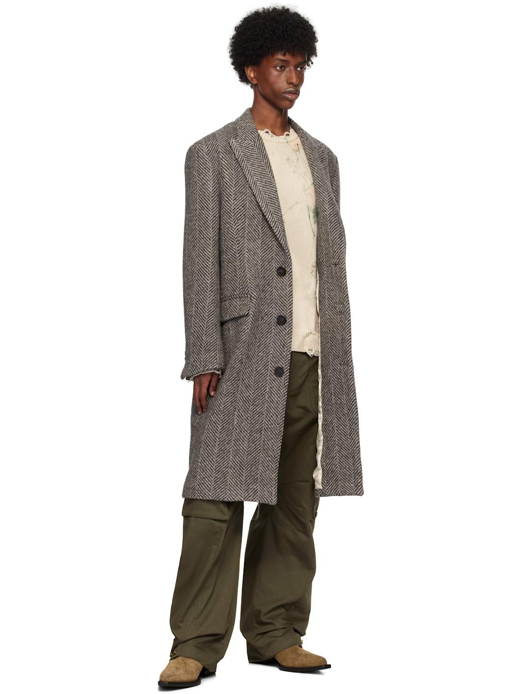 Gray Single-Breasted Wool Herringbone Coat - 4