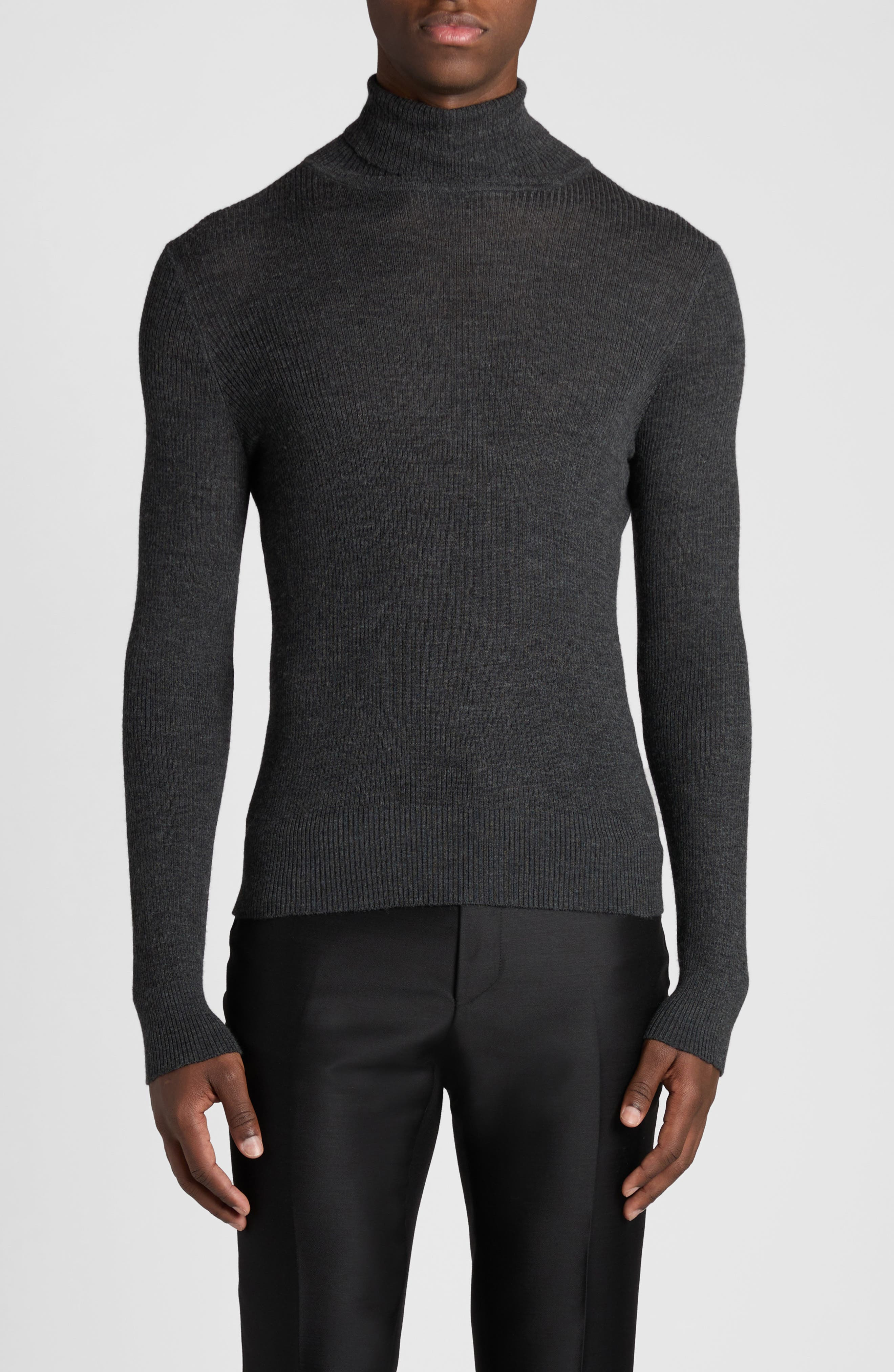 TOM FORD Wool, Silk & Cashmere Rib Turtleneck Sweater in Ig721 Charcoal Melange at Nordstrom - 1