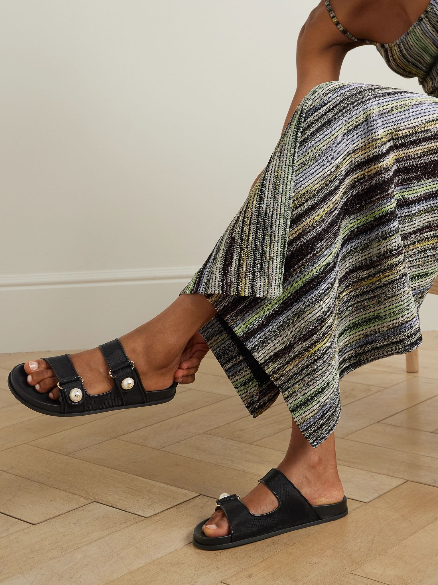 Fayence leather-trimmed faux pearl-embellished mesh slides Black - 2