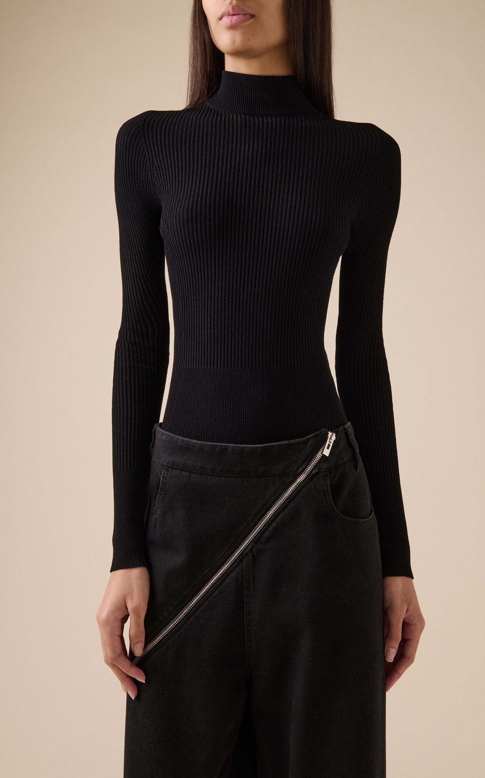 High-Neck Ribbed-Knit Bodysuit black - 2