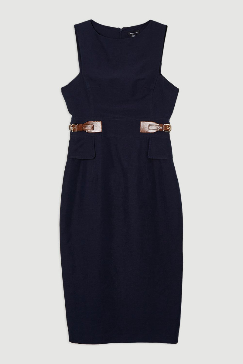 Premium Linen Tab Waist Detail Full Skirt Tailored Midi Dress 4